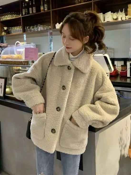 Women's Plush Lapel Coat - Sweet Style, Long Sleeve, Loose Fit, Thickened, Warm Winter Top