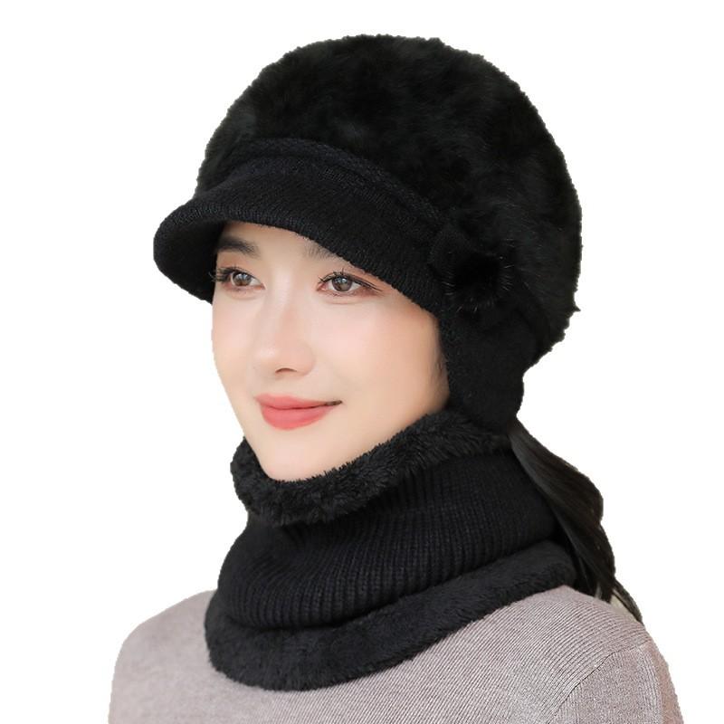 Thick Warm Hat Winter Hat Middle Aged and Elderly Mother Old Lady Knitted Cotton Hat Grandma Rabbit Wool Hat