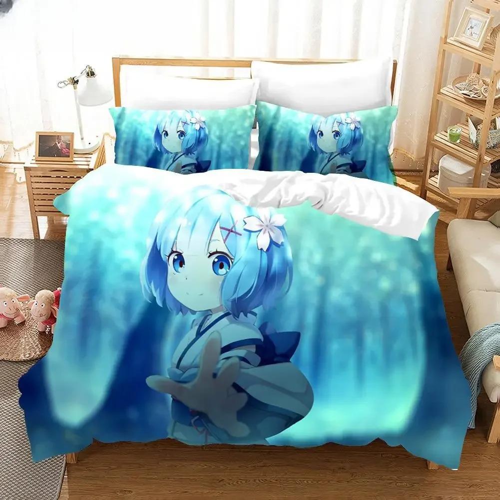 3D Print Cartoons Rem Ram Bedding Set Life In a Different World from Zero Anime Duvet Cover Sets Comforter Bed Kids Bedclothes