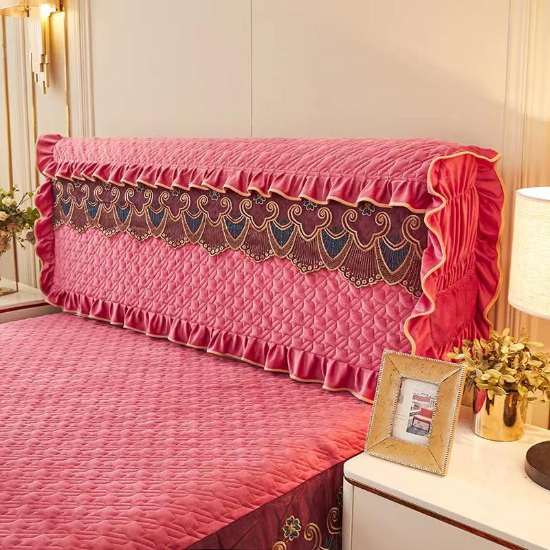 Luxury Fine Flannel Quilted Bed Head Cover Lace Edge Short Plush All-inclusive Headboard Cover Elegant Protective Cover
