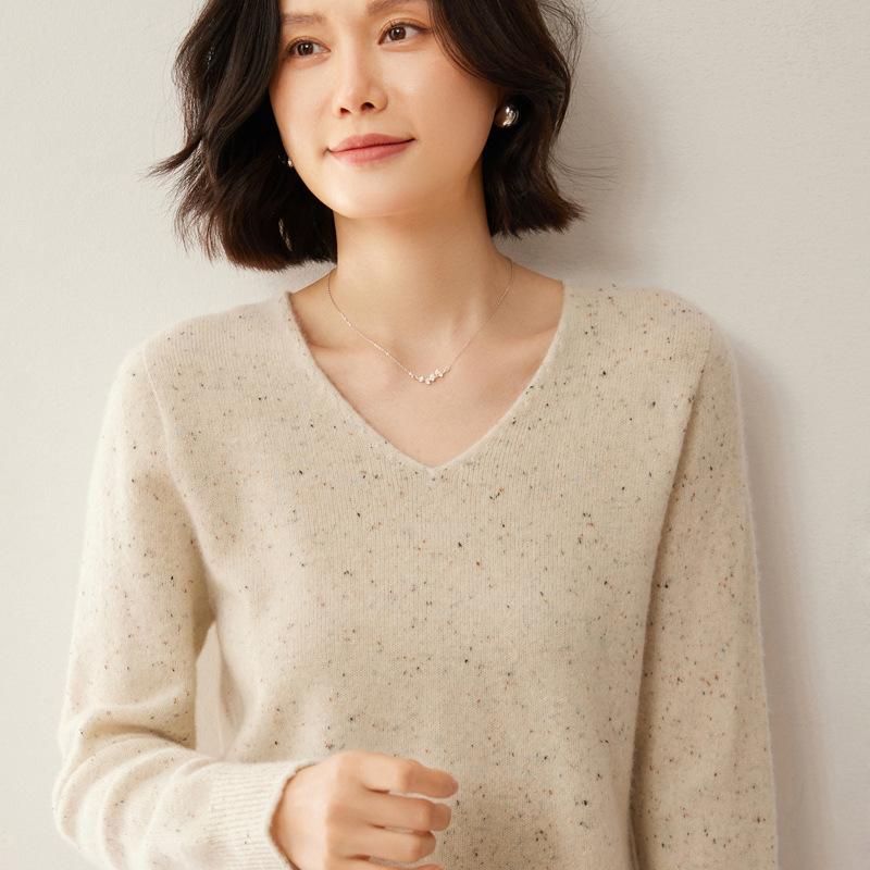 Nový luxusní svetr ze 100% čisté vlny s květinovým vzorem - Dámský korejský výstřih do V, silná a volná pletenina