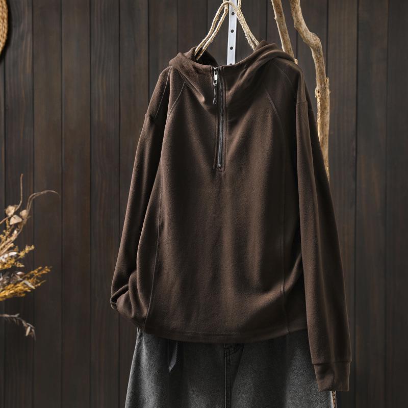 Autumn/Winter Half-Zip Stretchy Hooded Pullover Top