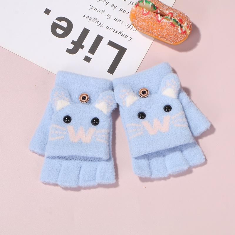 New Children's Knitted Finger Gloves Winter Boys and Girls Warm Fleece Thickened Cartoon Half Finger Flip Gloves