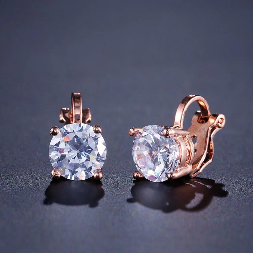 Trendy Round Cubic Zirconia Copper Clip Earrings For Women Gold Crystal Metal Earring Party Wedding Daily Jewelry
