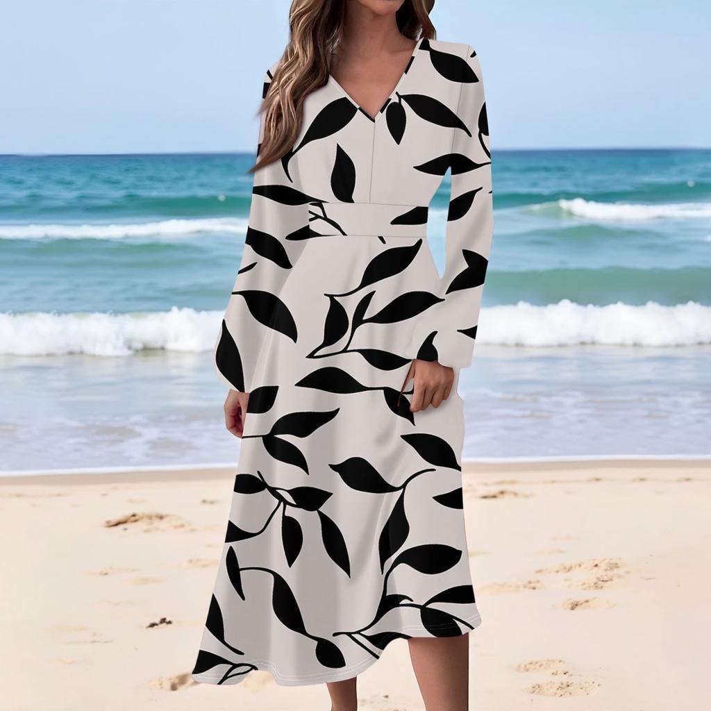 Dámské ležérní módní dlouhé šaty s květinovým potiskem, výstřihem do V a dlouhým rukávem, se zvýrazněným pasem