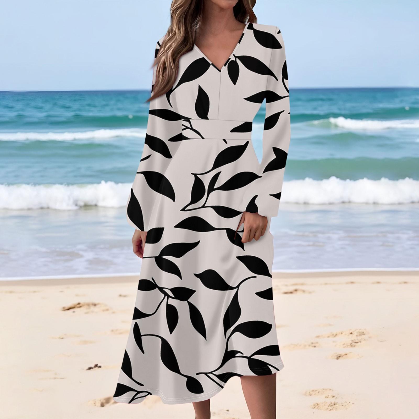 

Жіноча Повсякденна Мода Квітковий Принт V-подібний Виріз Довгий Рукав Талія Довга Сукня XL білий