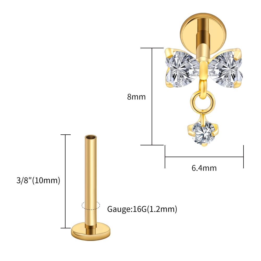Right Grand ASTM F136 Titanium Bow Dangle CZ Piercing Labret Stud 16G Flat Back Helix Tragus Cartilage Earring Bridal Jewelry