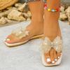 Fashion Ladies Shoes 2025 Summer Open Toe Women’s Slippers Bow Tie Crystal Square Toe Low Heel Slippers for Daily Plus Size Dress Sandal