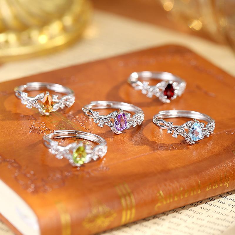 S925 Silberring Damen Lorbeerzweig Natürlicher Kristallstein Offener Mund Hand Schmuck Weißgold plattiert Nischen Design Sinn Tägliche Schmuckstücke Geschenk