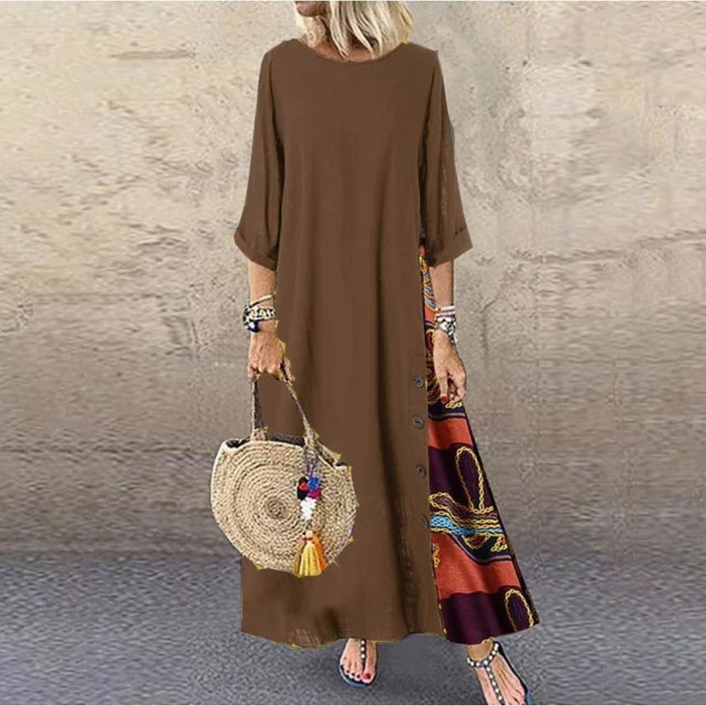 Women's Maxi Dress Round Neck 3/4 Sleeves Long Dress Casual Patchwork Floral Print A-line Dress