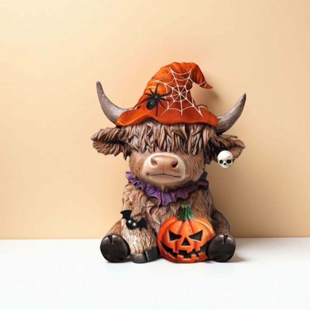 Highland Cow Ornament Highland Cattle Statue Halloween Highland Cow Figurine with Pumpkin Skull Resin Sculpture