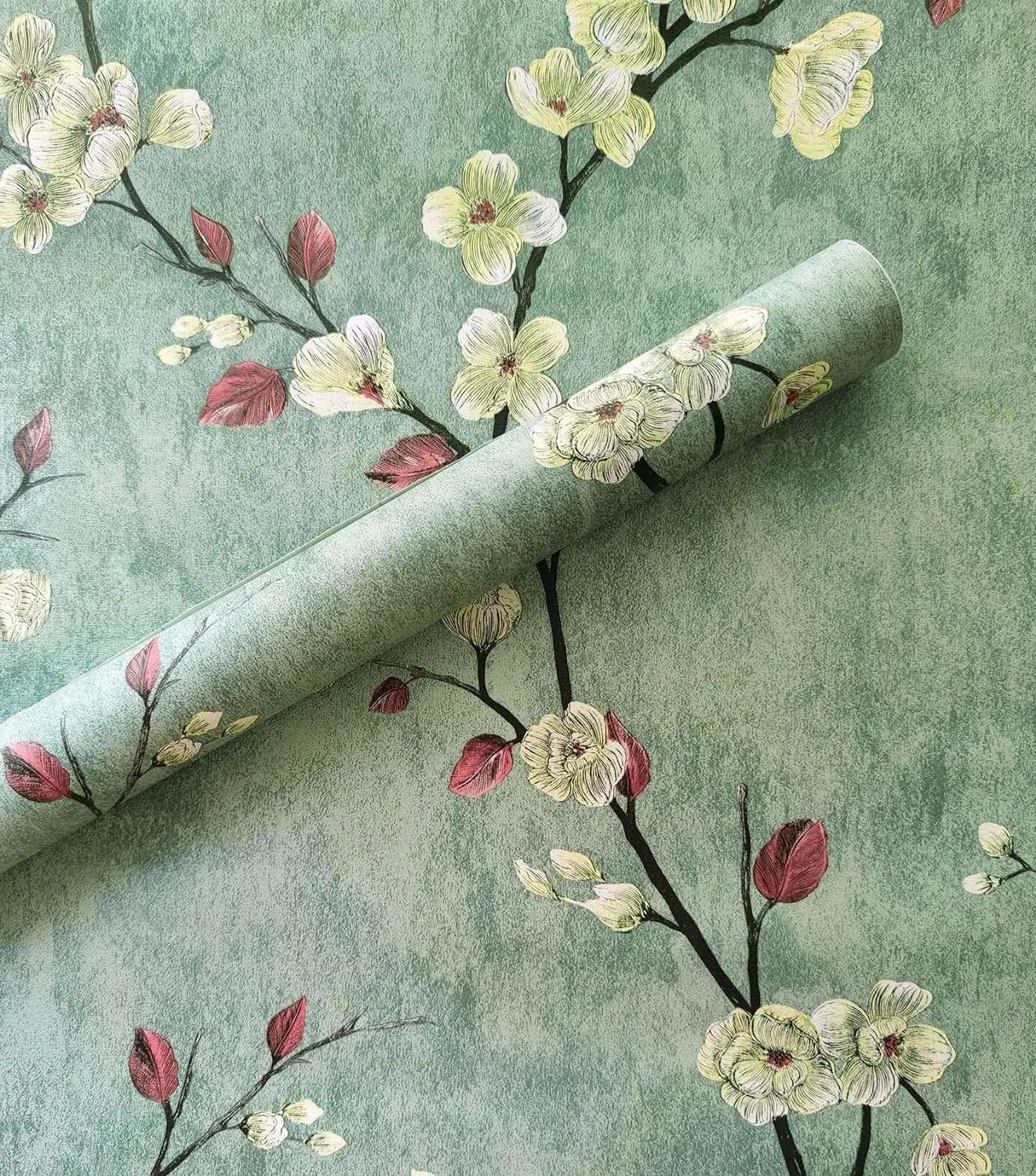 

Vintage Floral Green Grey Peel And Stick Wall Paper Flower Self-Adhesive Wall Cover Bedroom Decor Furniture Renovate Wall Sticker 45CM X 10M