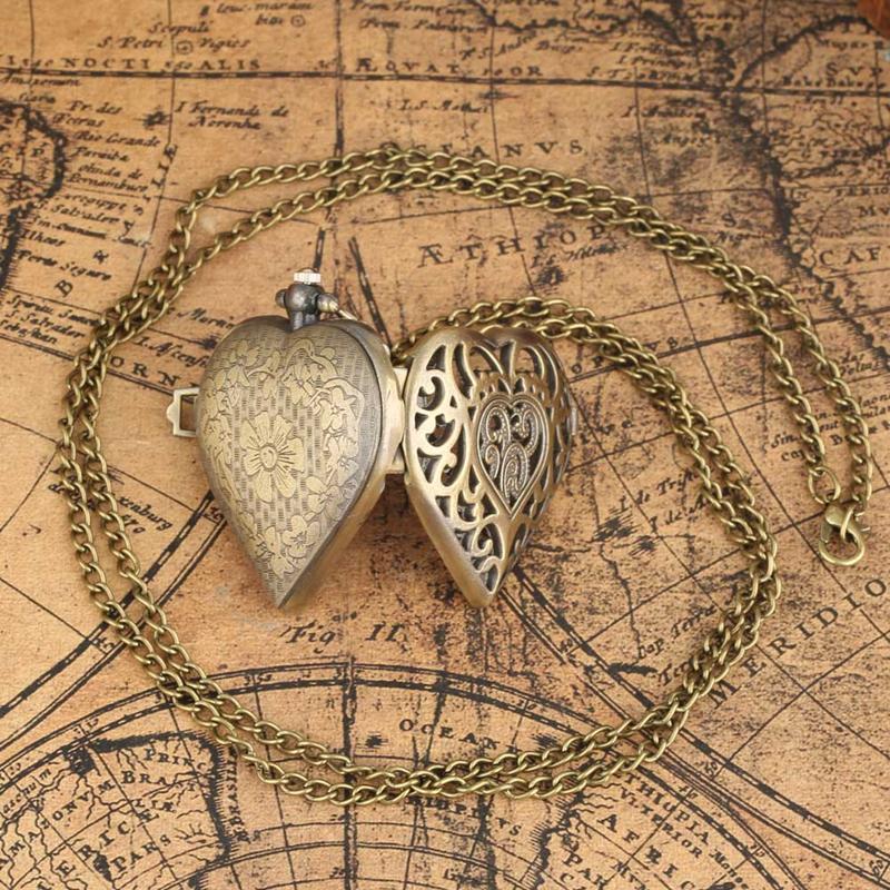 Romantic Heart Shape Quartz Pocket Watch Bronze/Silver/Black Necklace Pendant Chain Ladies Watch Souvenir Gifts for Girls Women