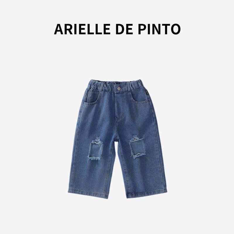 Французские детские джинсы Arielle De Pinto Летний Новый Стиль Стильные Широкие Джинсы с эффектом стирки Blue 90