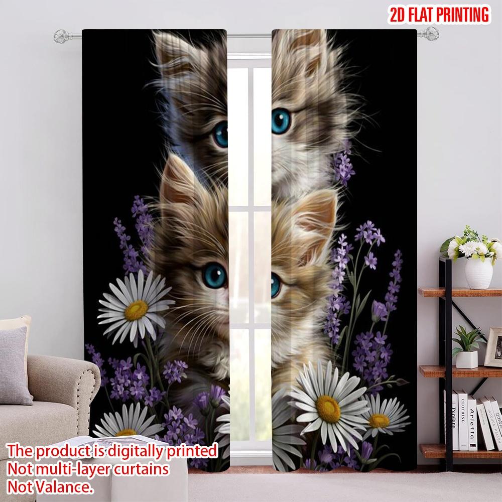 2D Flat Printing 2pcs Curtain Curtains Kittens and Flowers Digital Printed Polyester Drapes Festive Wall Decor Use for Booths