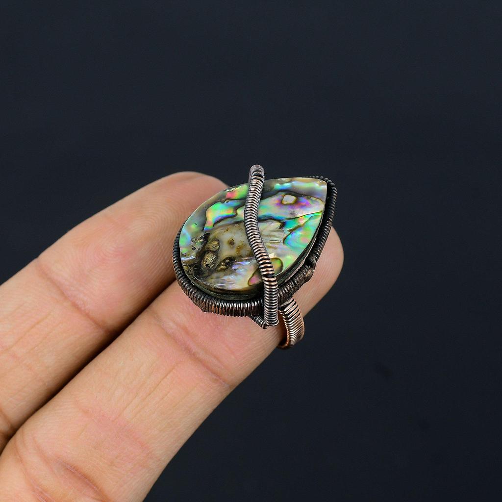 Abalone Shell Gemstone Copper Wire Wrapped Jewelry Ring For Her All Size