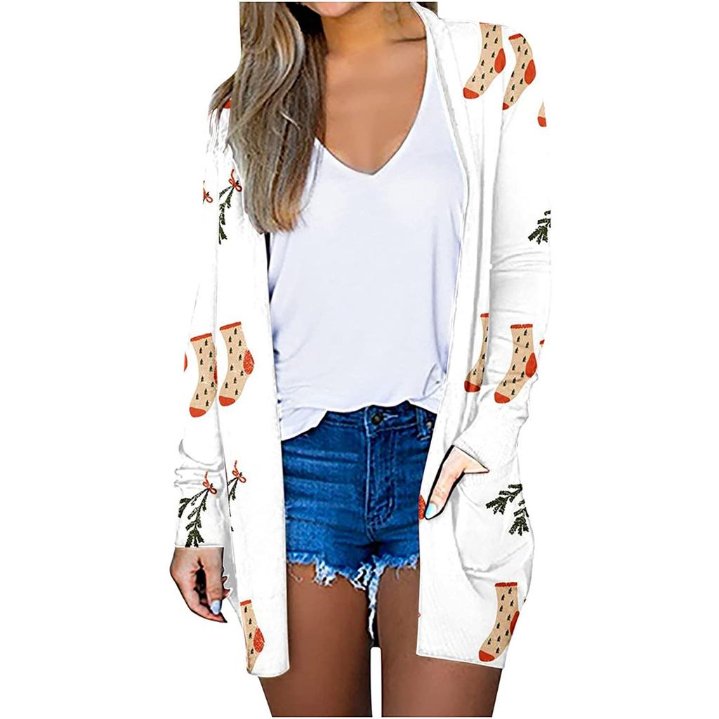Women's Christmas Long Sleeve Front Cardigan Printed Top Lightweight Jacket