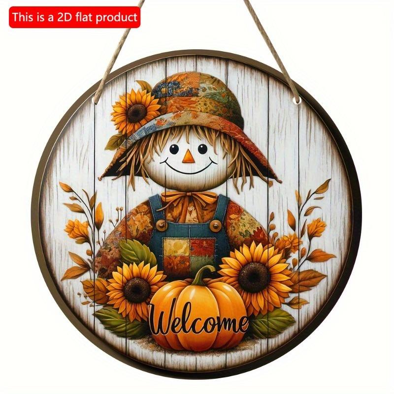 2d Flat 20*20cm, Autumn Home Decoration, Creative Decor Logo, Wooden Round Logo with Autumn Sunflowers, Pumpkins and Scarecrows, Used for Kitchen