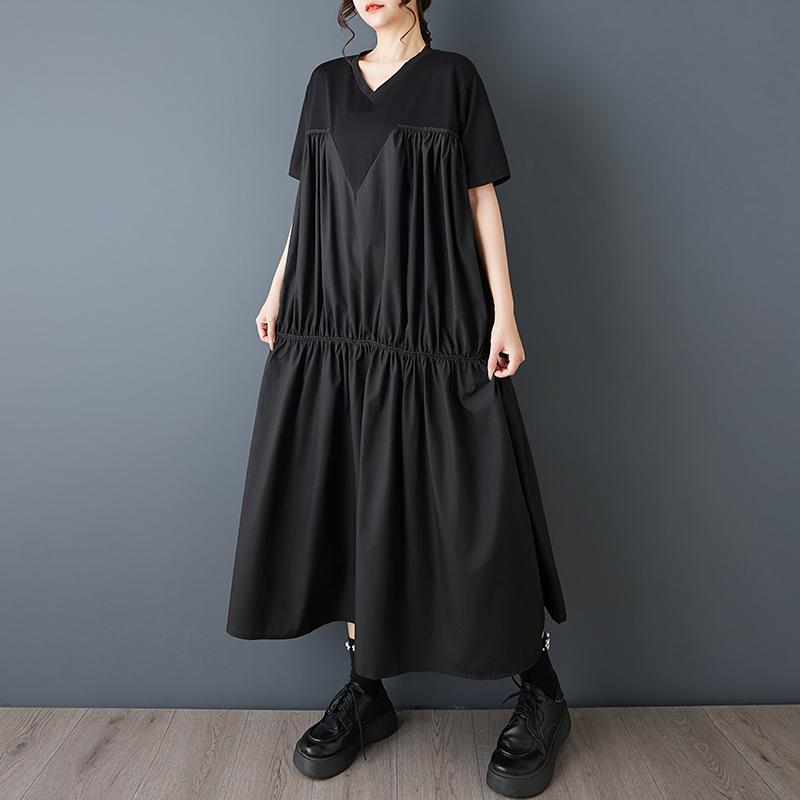 DIMANAF 2026 New Spring Summer  Plus Size Women Black Dress Fashion Lady Loose Casual Long Dress Solid Pleated Skirt