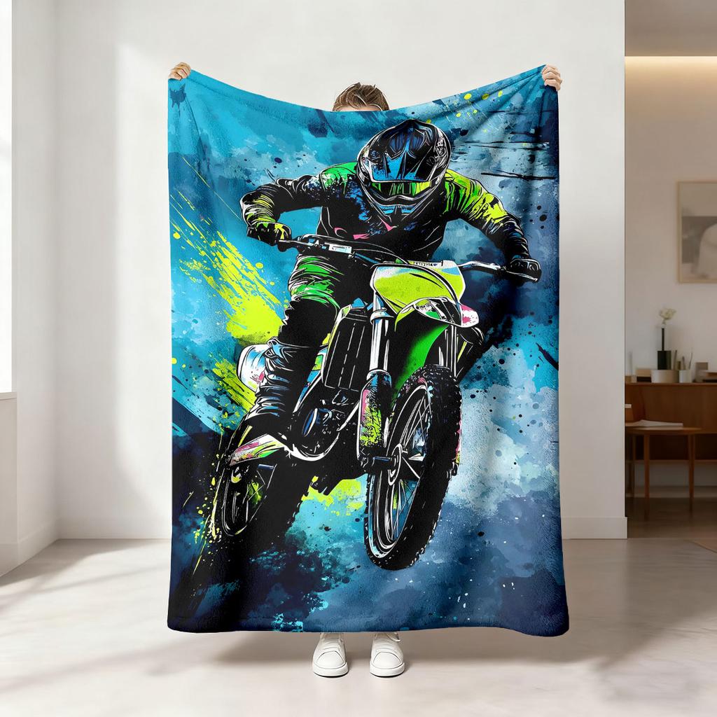 1 Piece Graffiti Style Street Motorcycle Printed Flannel Blanket Multiple Sizes Soft Comfortable Gift Blanket, Machine Washable