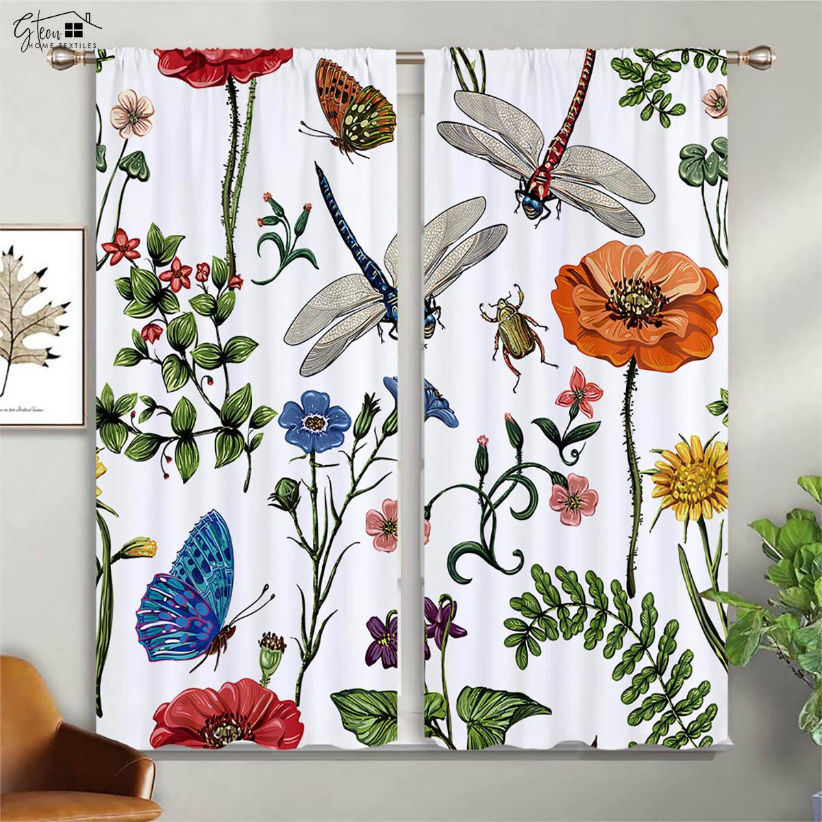 

Butterfly Dragonfly Flower Three D Printing Curtain Tulip Hydrangea Violet Fresh Along with Natural High Quality Room Darkening Curtain W100xH130(CM) folio&Grommet Top