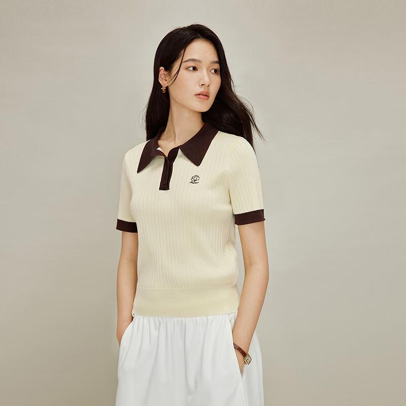 INMAN Women's Color Block Polo Collar Short Sleeve Knit Top