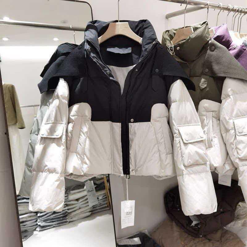 Womens Short Puffer Jacket 2026 Winter Loose Fit Cotton-Padded Coat With Contrast Color Design