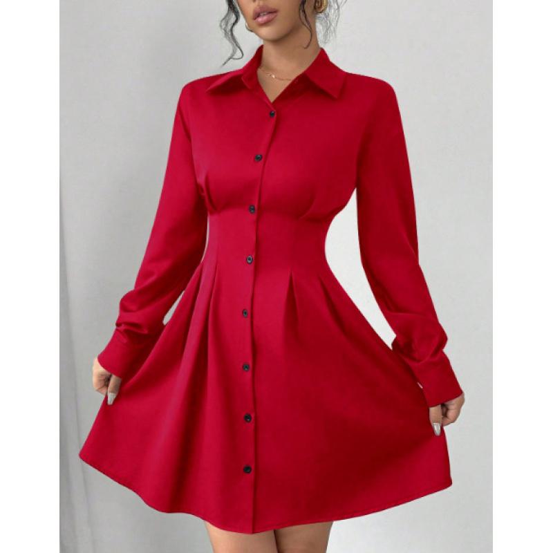 Women's Elegant Turn Down Collar Long Sleeve Knee-Length Button Down Shirt Dress Slim Waist Pleated Mini Dresses