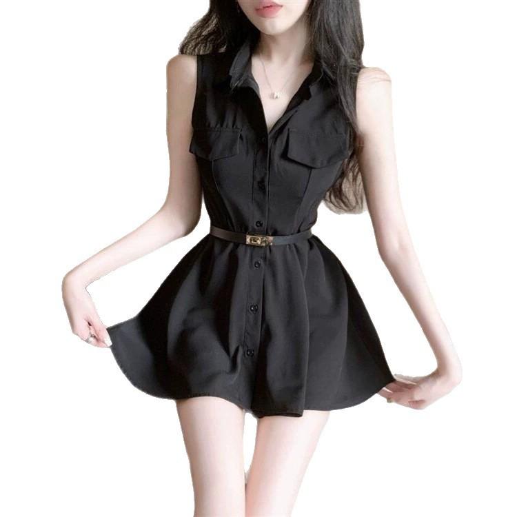 French Temperament Slim-fitting Sleeveless Shirt Dress Small Man Niche Design Feeling Waist A-word Skirt Women's Summer New