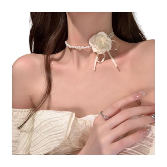 Kamelie Faux Perle Damen Halskette Vintage Französisch Hypoallergen Verstellbar Mädchen Faux Perle Blume Choker Halskette Modeschmuck