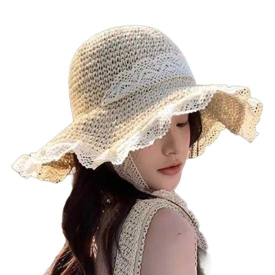 

Sun Hat Windproof Large Brim Lace Trim Non-Slip Handmade Straw Hat with Straps Face Shaping Summer Beach Hat бежевый