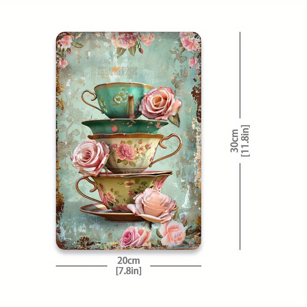 Charming Vintage Rose Teacup Iron Wall Art - Perfect for Cafes, Dining Rooms, or Garden Tea Spaces, Durable 20.32x30.48 Cm Decor