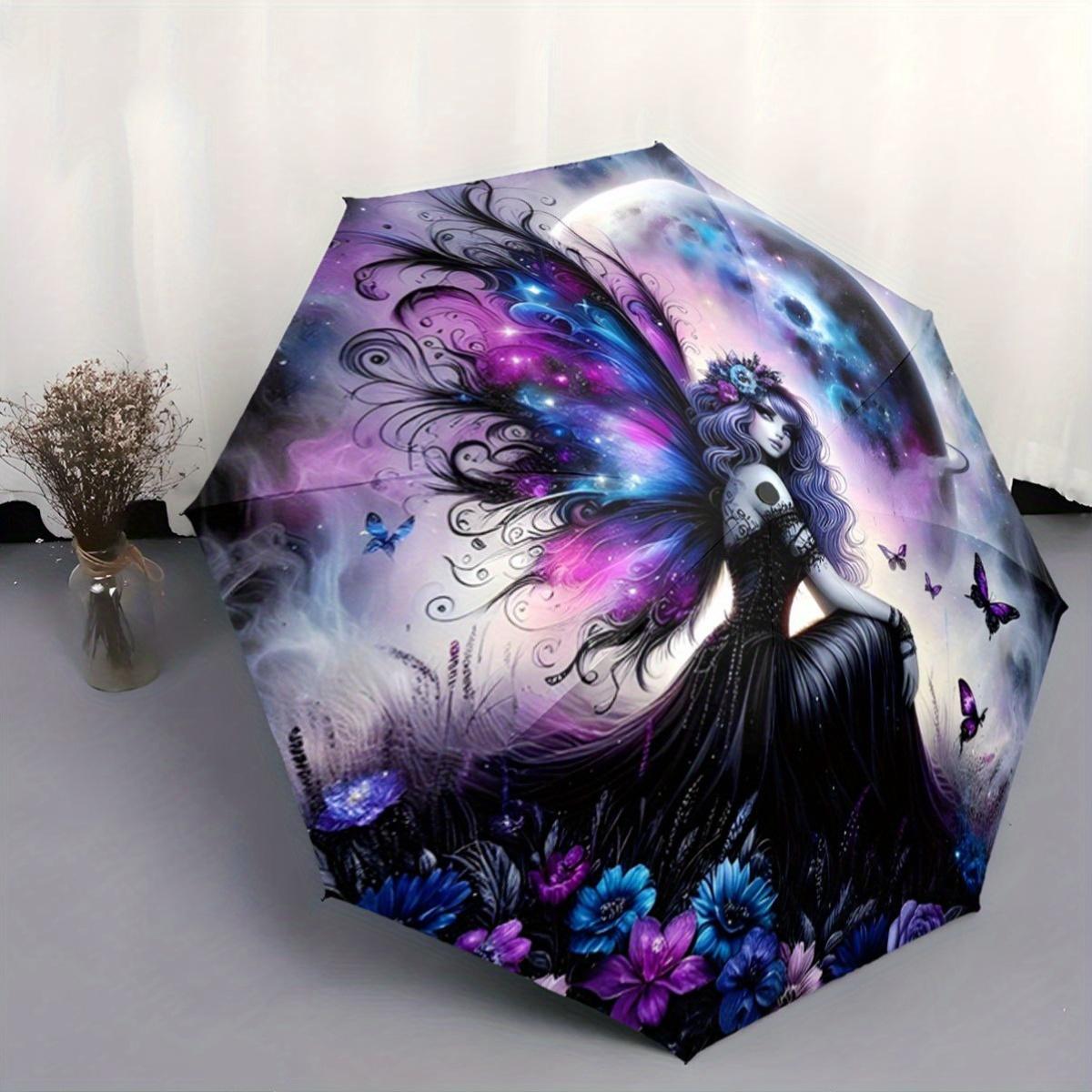 

Automatic Open/Close Umbrella with One-Touch Button - Elegant Fairy-like Woman, Purple Blue Pink Floral Butterfly Design, Comp (as the picture,iron&8K)