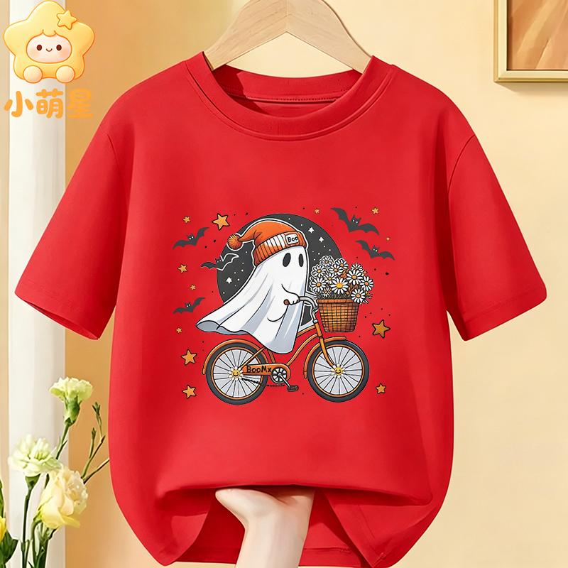 Cotton Kids Halloween T‑Shirt Adorable Ghost Riding Bike Flower Basket Bat Star Holiday Print Short Sleeve O‑Neck Children Tees