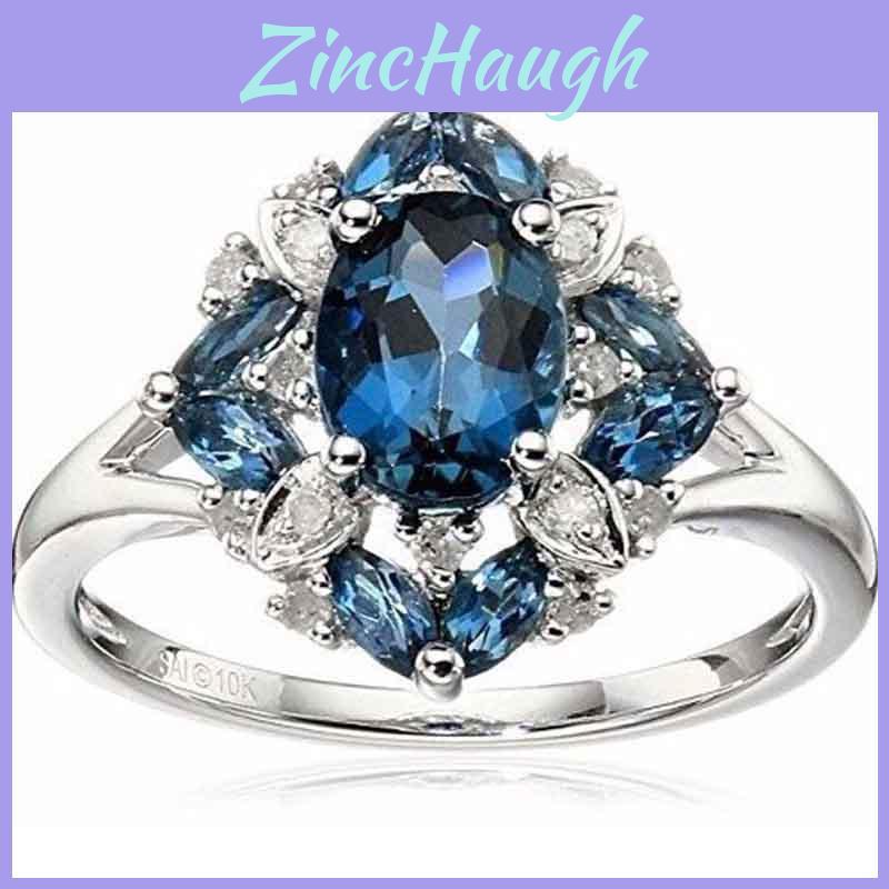 Magnificent Silver Plated Rings With Oval Cut Natural Blue Sapphire And Rhinestones
