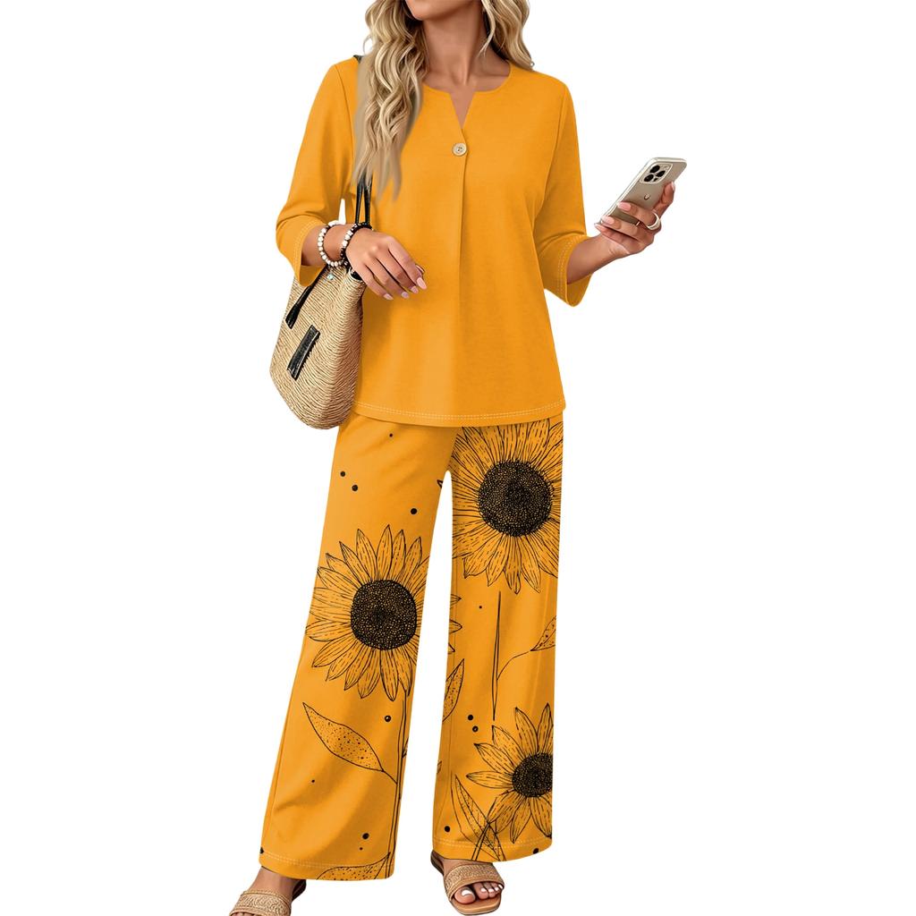 Women’s Casual Printed Button Top and Wide Leg Pants Two Piece Set with Three Quarter Sleeves Relaxed Fit Outfit for Daily Wear