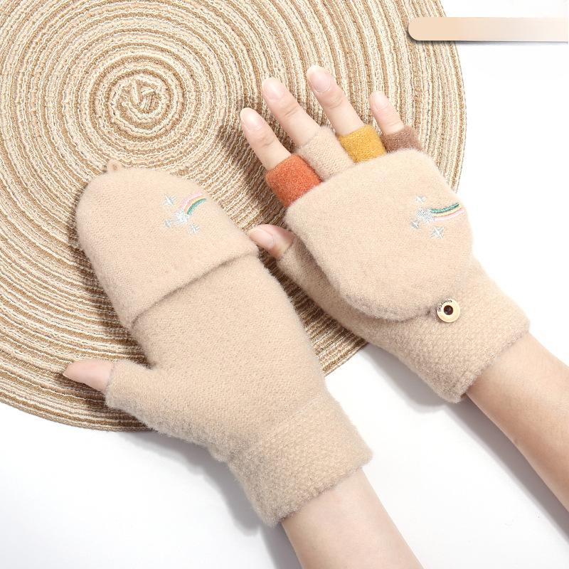 

New Autumn and Winter Cartoon Plush Knitted Gloves with Cover and Velvet Sable Hair To Prevent Cold and Warmth Half Finger Protection One Size