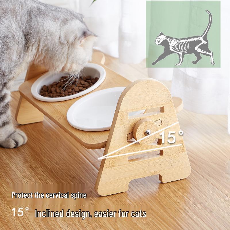 Adjustable Slanted Ceramic Pet Bowl for Cats and Dogs - Double Bowl Feeder