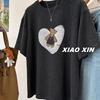 Beautiful Korean Style Plush T-Shirt with Heart and Bear Print - Women's Casual Short-Sleeved Top