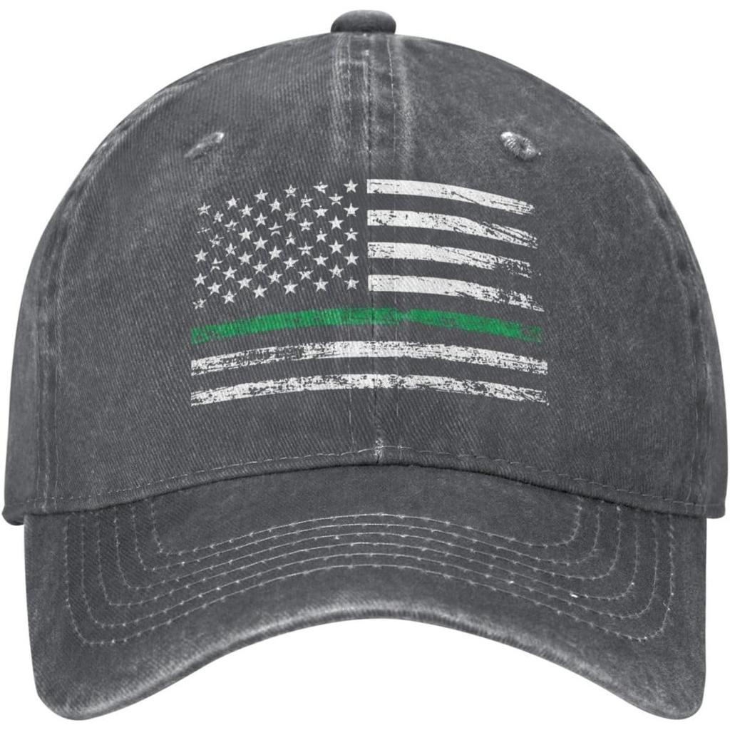 Thin Green Line American Flag Baseball Cap Distressed Washed Denim Style Adjustable Dad Hat