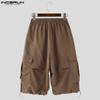 INCERUN Men Drawstring Elastic Waist Ruffled Casual Vintage Cargo Capri Pants with Pockets