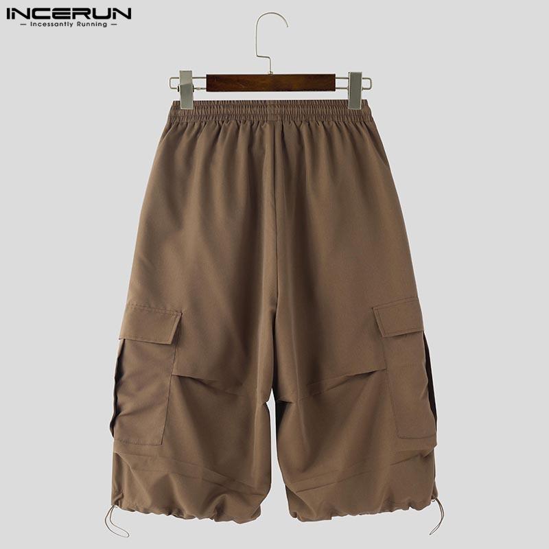 INCERUN Men Drawstring Elastic Waist Ruffled Casual Vintage Cargo Capri Pants with Pockets