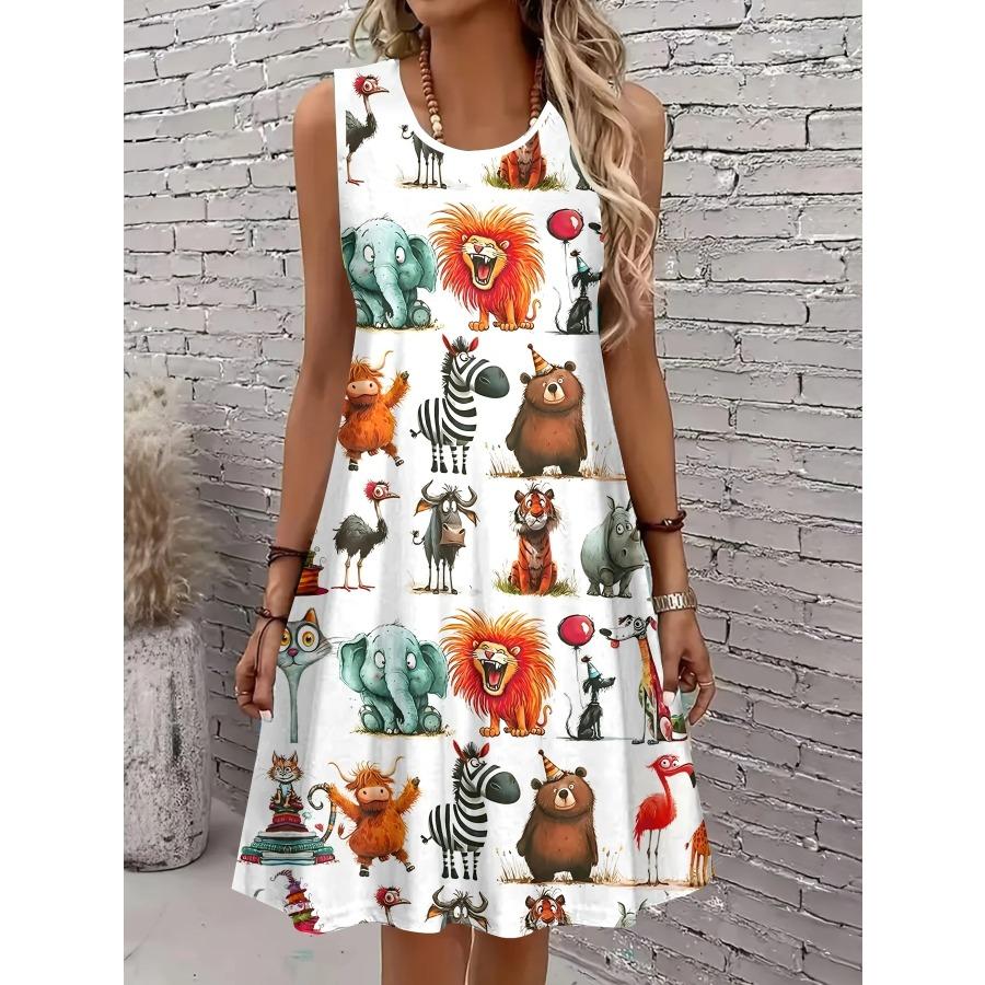 Women's Sleeveless Round Neck A-Line Dress Lions Zebras Elephants Vibrant Animal Print Dresses Y2k Ladies Clothes Woman Clothing