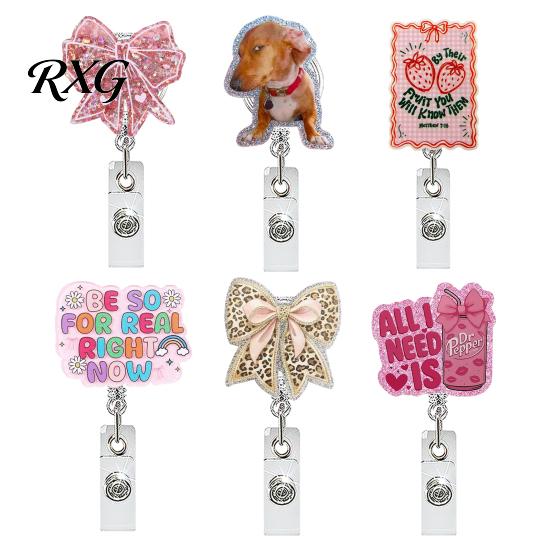 Cute Badge Reel Nurse Reel, Funny Retractable Glitter Acrylic Name Tag Holder with Bow Clip, Sparkly ID Card for Teachers Student Staffs