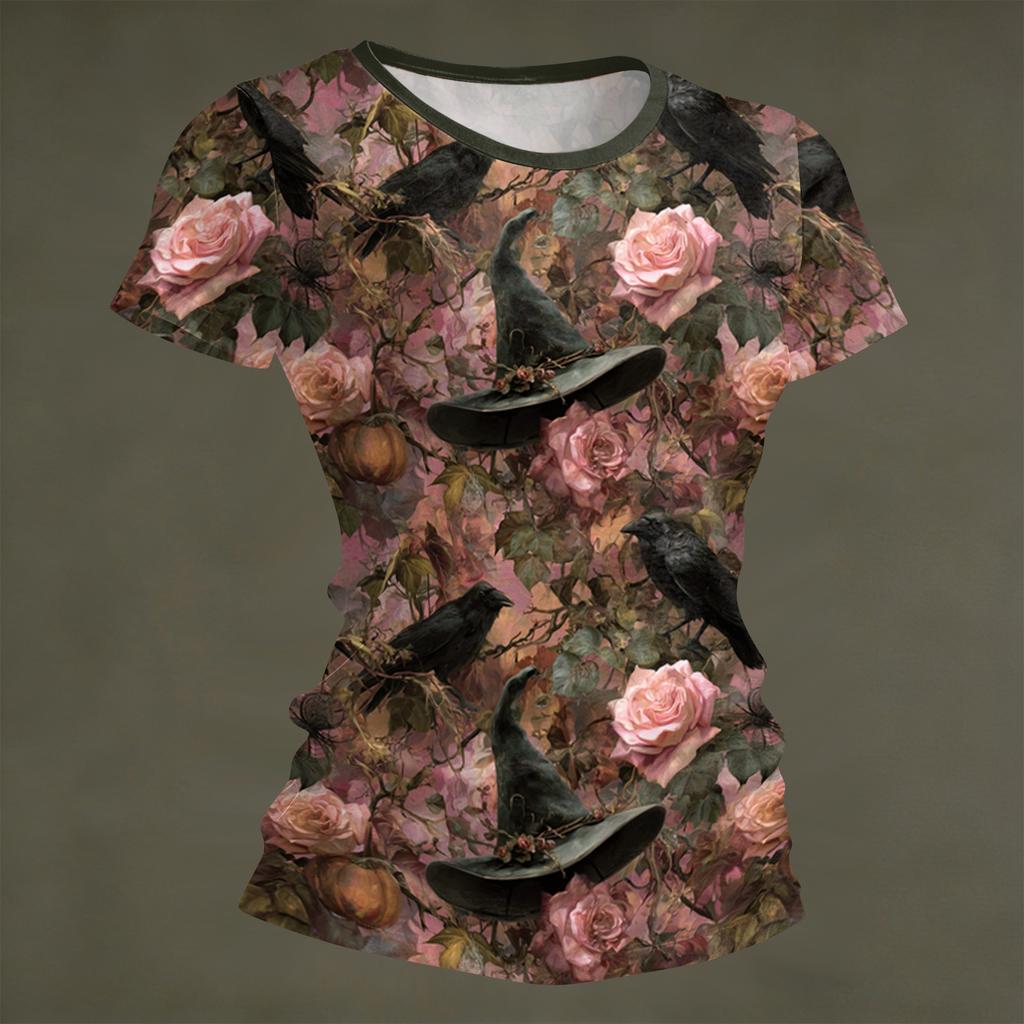 Damen Halloween Print Kurzarm Hals Locker Sitzendes T-Shirt für Party Freizeitkleidung
