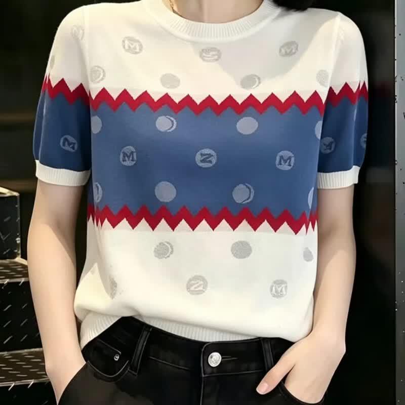 La Chapelle Korean Style Polo Neck Embroidered Knit Top