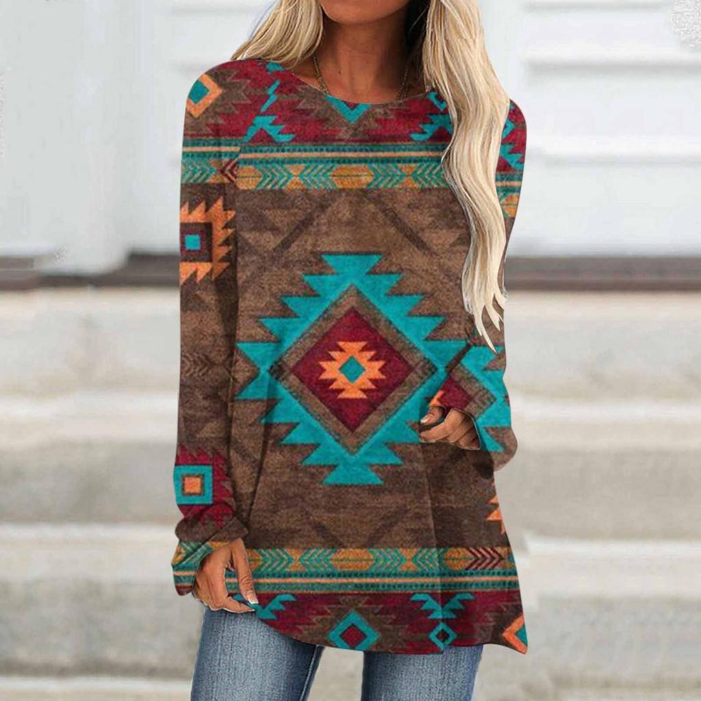 Ethnic tribe geometric print autumn casual comfortable women's long sleeve T-shirt Urban street trend fashion women long sleeve