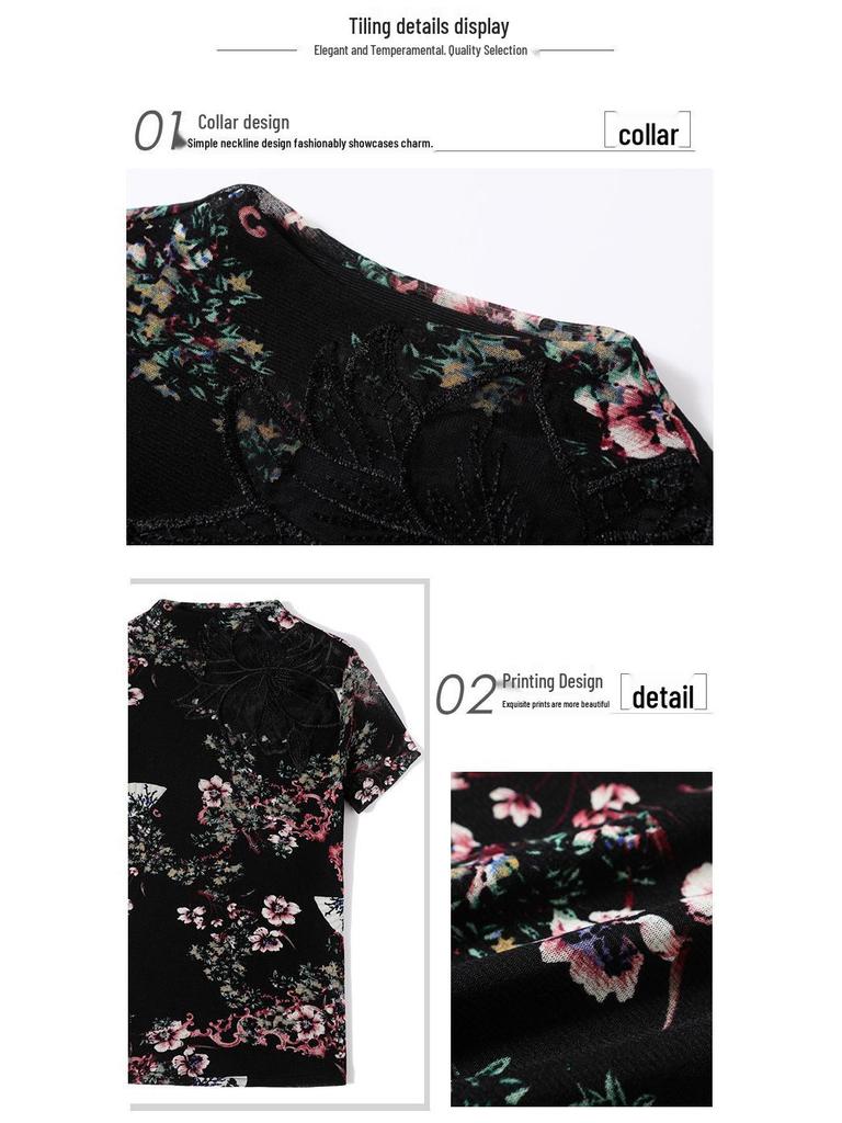 Women's Lace High-Neck Printed Mesh Top - Stylish Spring/Summer Fashion