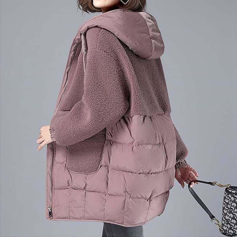 Cappotto invernale da donna alla moda, spesso e caldo, in cotone, con cappuccio, termico, di media lunghezza, in lana d'agnello