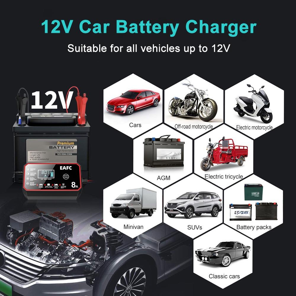 EAFC EU Plug 12V 8A Smart Car Battery Charger with LCD Display, Intelligent Pulse Repair Battery Charger - for Lead-Acid & LiFePO4 Batteries